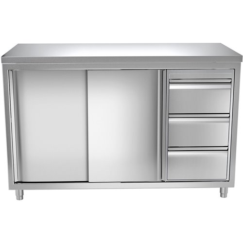 Commercial Worktop Floor Cupboard 3 drawers Right 2 sliding doors Stainless steel Width 1600mm Depth 600mm | Stalwart DA-THASR16