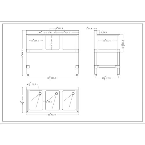 Commercial Sink Stainless steel 3 Bowl | Stalwart DA-BS3T38