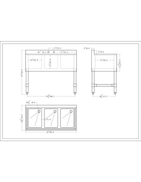 Commercial Sink Stainless steel 3 Bowl | Stalwart DA-BS3T38