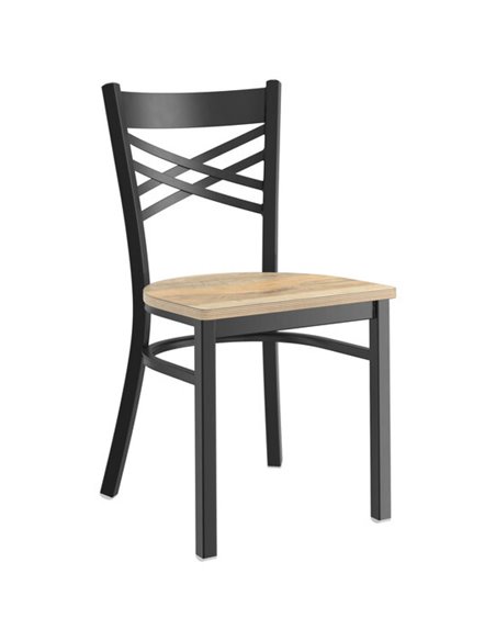 Black Steel Cross Back Chair with Driftwood Seat | Stalwart DA-GS6F0BBLACKDRIFTWOODSEAT