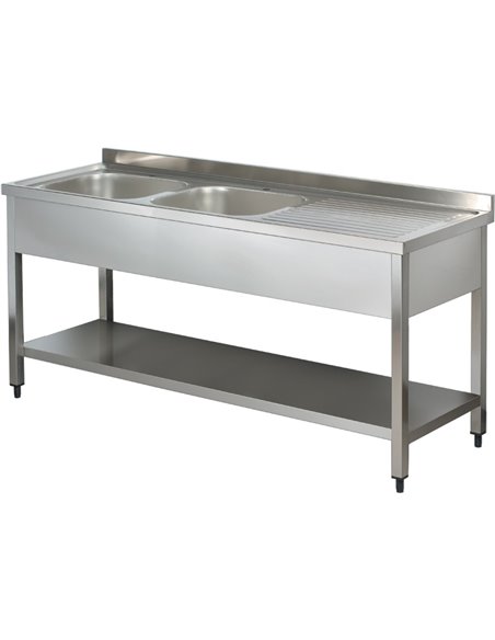 Commercial Sink Stainless steel 2 bowls Left Bottom shelf Splashback 1800mm Depth 700mm | Stalwart DA-THSTR187BL2
