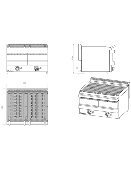 Professional Vapour Grill Gas 6 burners 22kW | Stalwart DA-VG8070GT