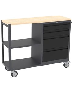 Professional Mobile Grey and Black Tool Cabinet with 4 Drawers and 2 Shelves Wooden Worktop 1480x500x1000mm | Stalwart DA-TC097