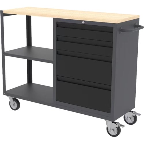 Professional Mobile Grey and Black Tool Cabinet with 4 Drawers and 2 Shelves Wooden Worktop 1480x500x1000mm | Stalwart DA-TC097