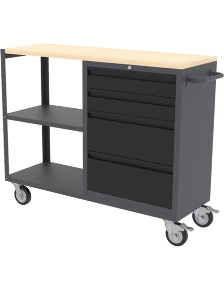Professional Mobile Grey and Black Tool Cabinet with 4 Drawers and 2 Shelves Wooden Worktop 1480x500x1000mm | Stalwart DA-TC097