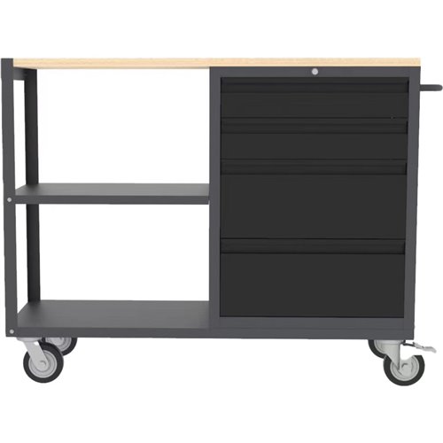 Professional Mobile Grey and Black Tool Cabinet with 4 Drawers and 2 Shelves Wooden Worktop 1480x500x1000mm | Stalwart DA-TC097