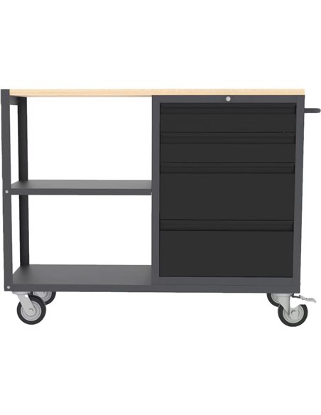Professional Mobile Grey and Black Tool Cabinet with 4 Drawers and 2 Shelves Wooden Worktop 1480x500x1000mm | Stalwart DA-TC097