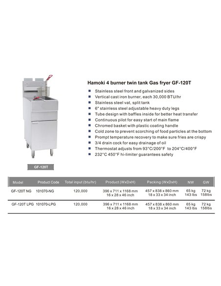 101070 - GF120T 4 Burner Twin Tank Gas Fryer with Twin Baskets