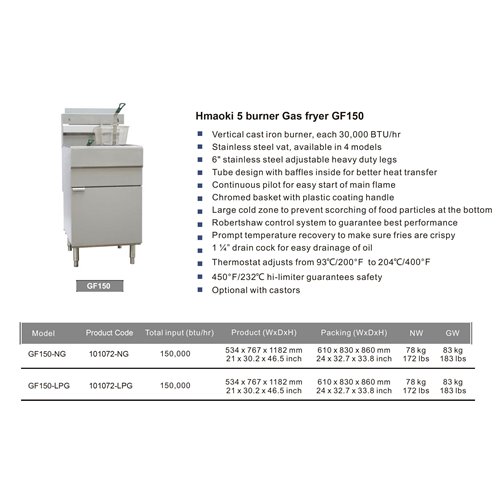 101072 - GF150 5 Burner Gas Fryer Single Tank with Twin Baskets