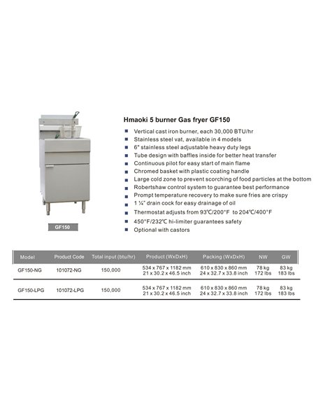 101072 - GF150 5 Burner Gas Fryer Single Tank with Twin Baskets