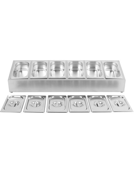 Commercial Condiment Holder including 6xGN1/4-100mm containers with lid Stainless steel | Stalwart DA-CHE06A