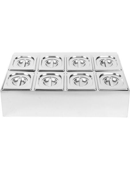 Commercial Condiment Holder including 8xGN1/6-150mm pans &amp lids | Stalwart DA- CHD08BD