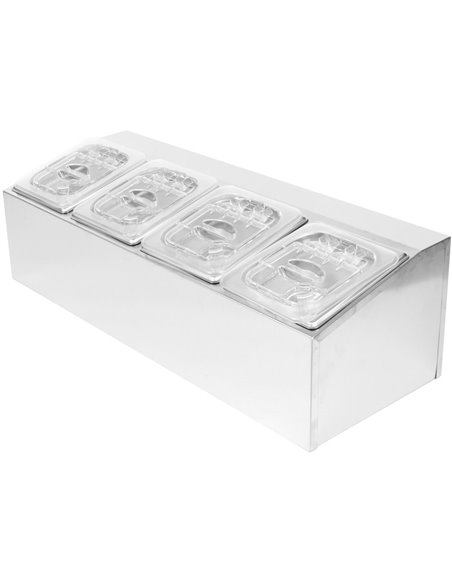 Commercial Condiment Holder including 4xGN1/6-100mm pans &amp fliptop lids | Stalwart DA- CHD04APCFL