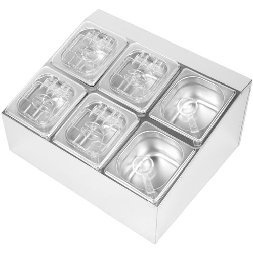 Commercial Condiment Holder including 6xGN1/6-100mm pans &amp fliptop lids | Stalwart DA- CHD06BPCFL