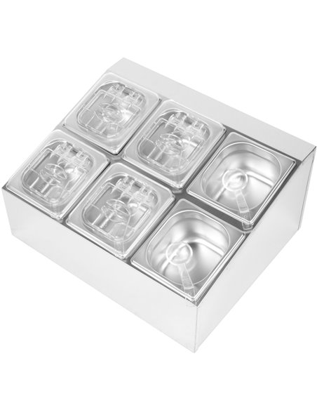 Commercial Condiment Holder including 6xGN1/6-100mm pans &amp fliptop lids | Stalwart DA- CHD06BPCFL