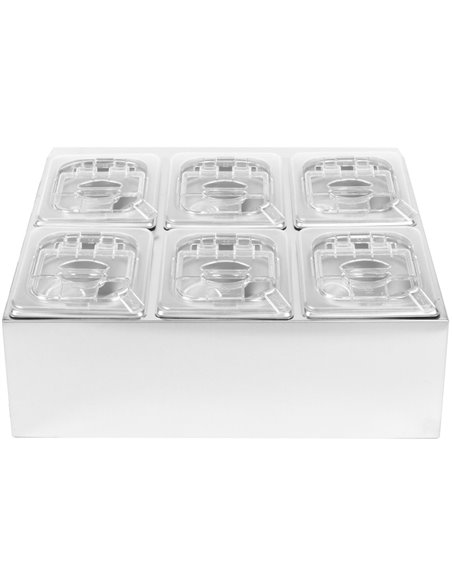 Commercial Condiment Holder including 6xGN1/6-100mm pans &amp fliptop lids | Stalwart DA- CHD06BPCFL