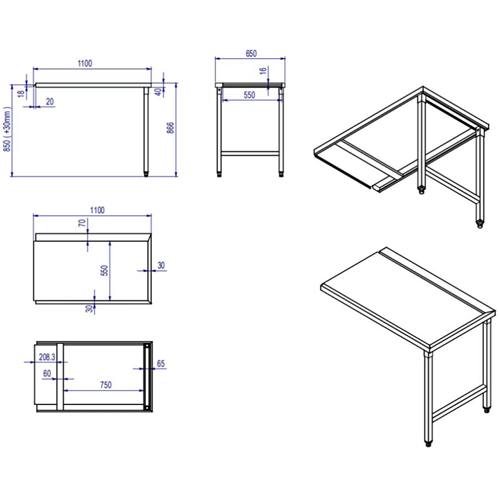 Unloading table Right side 1100x650x850mm No bottom shelf No splashback Stainless steel | Stalwart DA- SWT11065L