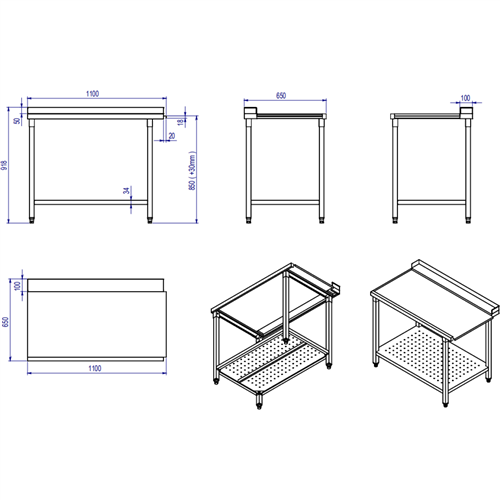 Unloading table Left side 1100x650x850mm With bottom shelf With splashback Stainless steel | Stalwart DA- SWB11065R