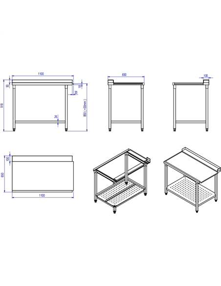 Unloading table Left side 1100x650x850mm With bottom shelf With splashback Stainless steel | Stalwart DA- SWB11065R