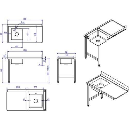 Loading table Left side 1200x650x850mm With sink With splashback Stainless steel | Stalwart DA- DWITA1265L