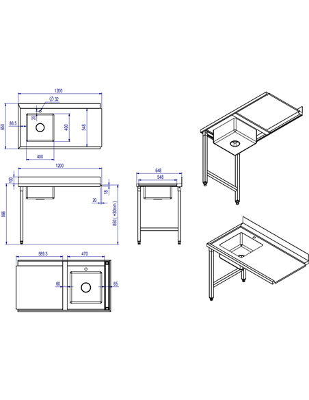 Loading table Left side 1200x650x850mm With sink With splashback Stainless steel | Stalwart DA- DWITA1265L