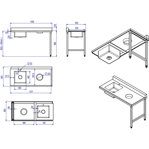 Loading table Right side 1400x650x850mm With sink With waste hole With splashback Stainless steel | Stalwart DA- DWITC1465L
