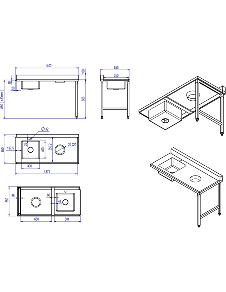 Loading table Right side 1400x650x850mm With sink With waste hole With splashback Stainless steel | Stalwart DA- DWITC1465L