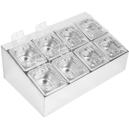 Commercial Condiment Holder including 8xGN1/6-100mm pans &amp fliptop lids | Stalwart DA- CHD08BPCFL
