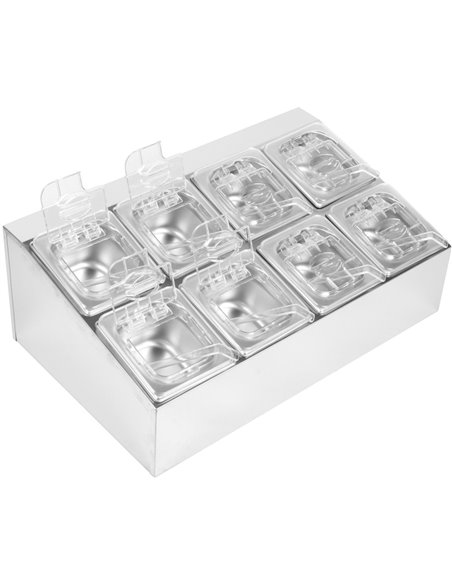 Commercial Condiment Holder including 8xGN1/6-100mm pans &amp fliptop lids | Stalwart DA- CHD08BPCFL