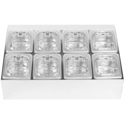 Commercial Condiment Holder including 8xGN1/6-100mm pans &amp fliptop lids | Stalwart DA- CHD08BPCFL