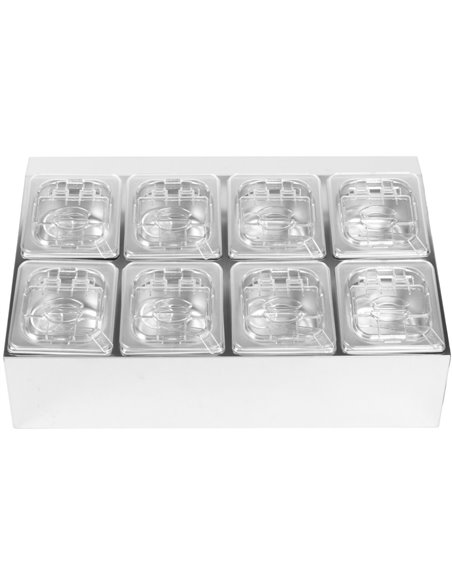 Commercial Condiment Holder including 8xGN1/6-100mm pans &amp fliptop lids | Stalwart DA- CHD08BPCFL