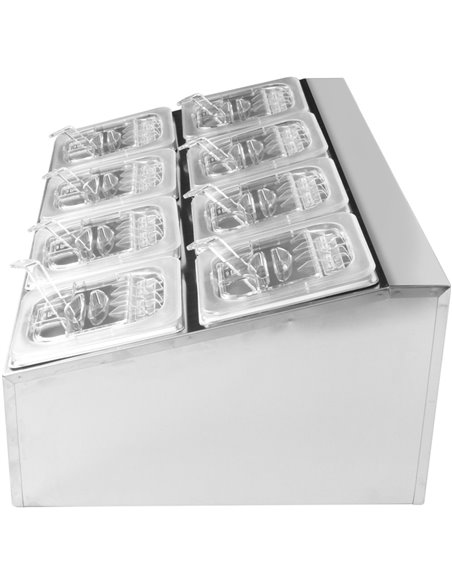 Commercial Condiment Holder including 8xGN1/6-100mm pans &amp fliptop lids | Stalwart DA- CHD08BPCFL