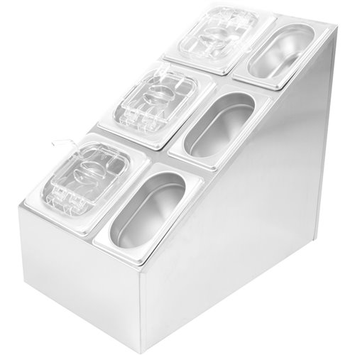 Commercial Condiment Pan Holder including 3xGN1/6  3xGN1/9 pans with recess lids &amp ladles | Stalwart DA-CHM01
