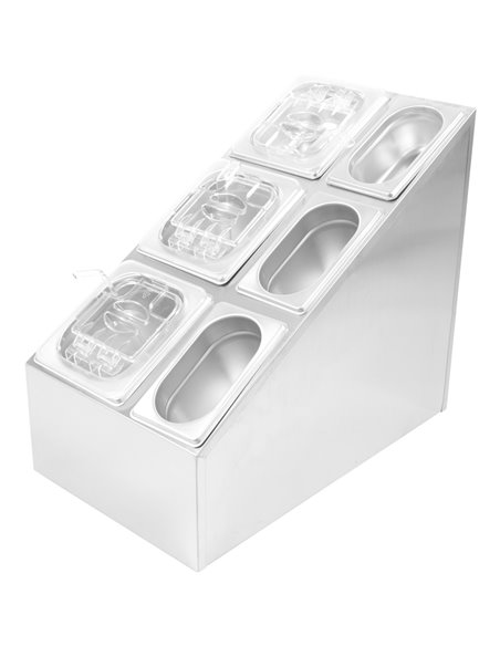 Commercial Condiment Pan Holder including 3xGN1/6  3xGN1/9 pans with recess lids &amp ladles | Stalwart DA-CHM01D