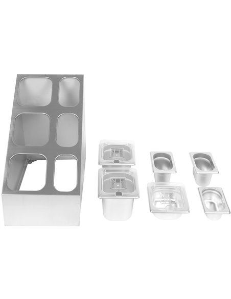 Commercial Condiment Pan Holder including 3xGN1/6  3xGN1/9 pans with recess lids &amp ladles | Stalwart DA-CHM01D