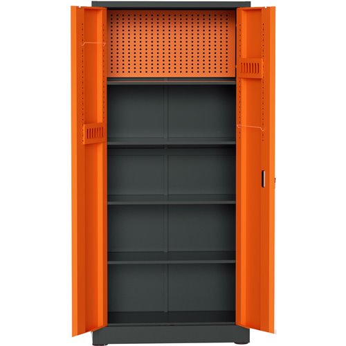 Heavy Duty Grey and Orange 2 Door Lockable Steel Tool Cabinet with 4 Shelves &amp Pegboard 800x400x1800mm | Stalwart DA-SETC1GRE