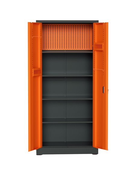 Heavy Duty Grey and Orange 2 Door Lockable Steel Tool Cabinet with 4 Shelves &amp Pegboard 800x400x1800mm | Stalwart DA-SETC1GRE