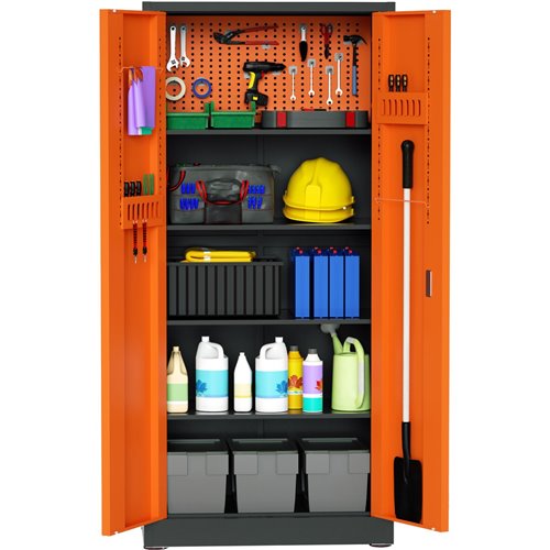 Heavy Duty Grey and Orange 2 Door Lockable Steel Tool Cabinet with 4 Shelves &amp Pegboard 800x400x1800mm | Stalwart DA-SETC1GRE