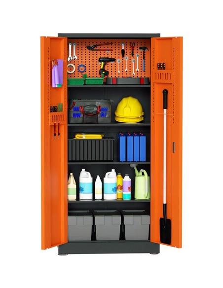 Heavy Duty Grey and Orange 2 Door Lockable Steel Tool Cabinet with 4 Shelves &amp Pegboard 800x400x1800mm | Stalwart DA-SETC1GRE