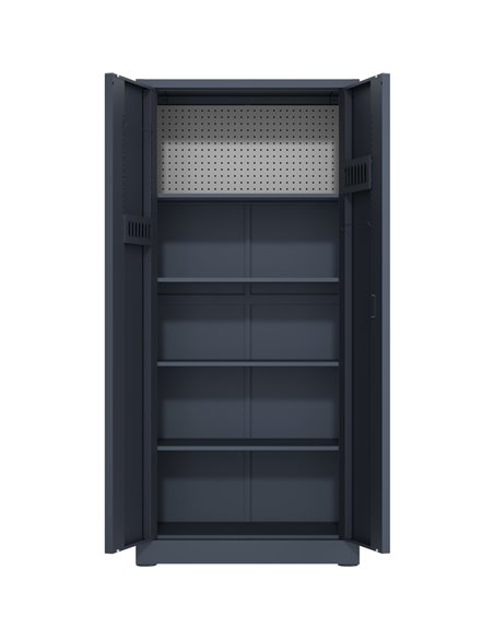 Heavy Duty Grey 2 Door Lockable Steel Tool Cabinet with 4 Shelves &amp Pegboard 800x400x1800mm | Stalwart DA-SETC1GREY