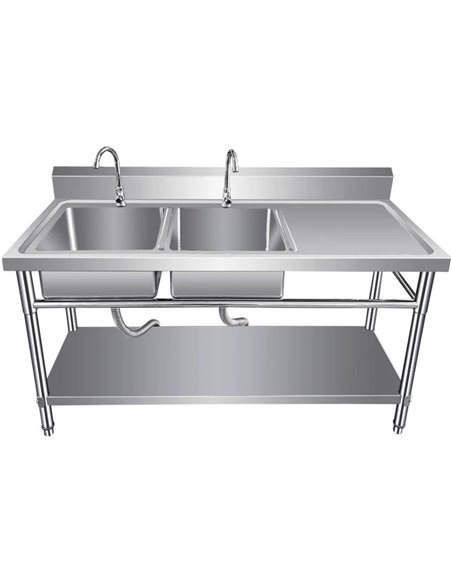 Commercial Sink Stainless steel 1400x600x850mm 2 Bowls left Splashback Undershelf | Stalwart DA-WUDBS14060LEFT