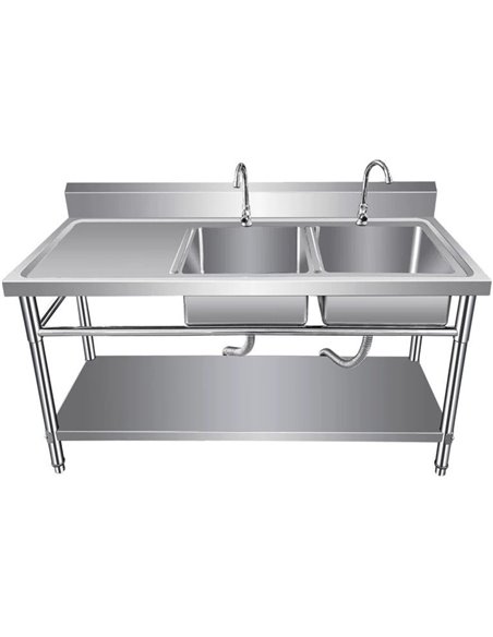 Commercial Sink Stainless steel 1400x600x850mm 2 Bowls right Splashback Undershelf | Stalwart DA-WUDBS14060RIGHT