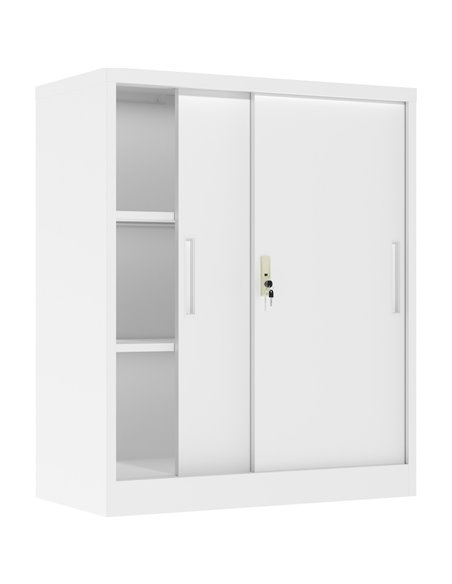 Professional Metal Storage Cabinet 2 sliding doors 800x400x1000mm Lock 2 adjustable shelves White | Stalwart DA-MXHSC005WHITE