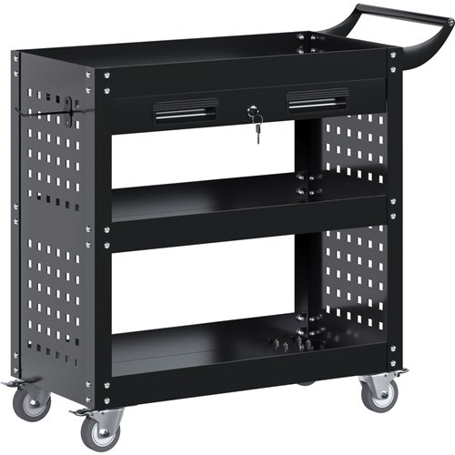 Professional 3 Tier Trolley Cart with Drawer 700x350x780mm Black | Stalwart DA-SART212