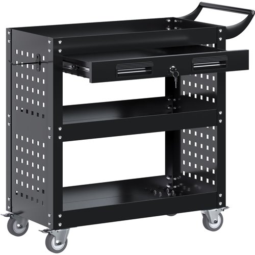 Professional 3 Tier Trolley Cart with Drawer 700x350x780mm Black | Stalwart DA-SART212