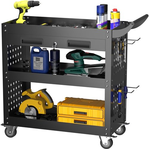 Professional 3 Tier Trolley Cart with Drawer 700x350x780mm Black | Stalwart DA-SART212