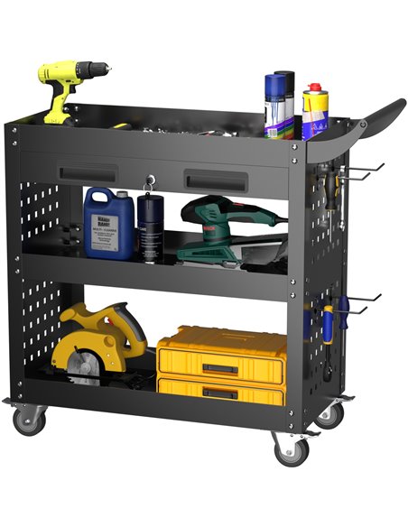 Professional 3 Tier Trolley Cart with Drawer 700x350x780mm Black | Stalwart DA-SART212