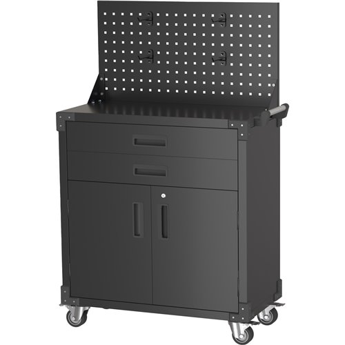 Professional Mobile Black 2 Door 2 Drawer Pegboard Steel Tool Cabinet 800x420x1320mm | Stalwart DA-SART224