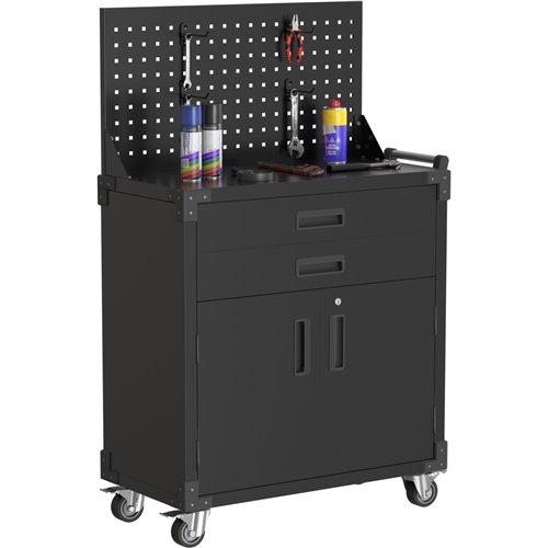 Professional Mobile Black 2 Door 2 Drawer Pegboard Steel Tool Cabinet 800x420x1320mm | Stalwart DA-SART224