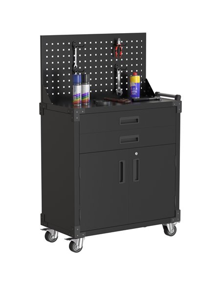 Professional Mobile Black 2 Door 2 Drawer Pegboard Steel Tool Cabinet 800x420x1320mm | Stalwart DA-SART224